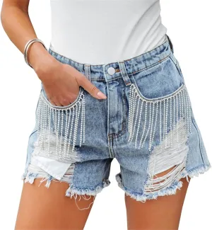 LifeShe Women Denim Short Mid Waist Frayed Raw Hem Rippped Rhinestone Tassel Jean Short