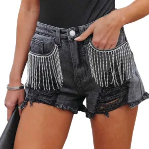 LifeShe Women Denim Short Mid Waist Frayed Raw Hem Rippped Rhinestone Tassel Jean Short