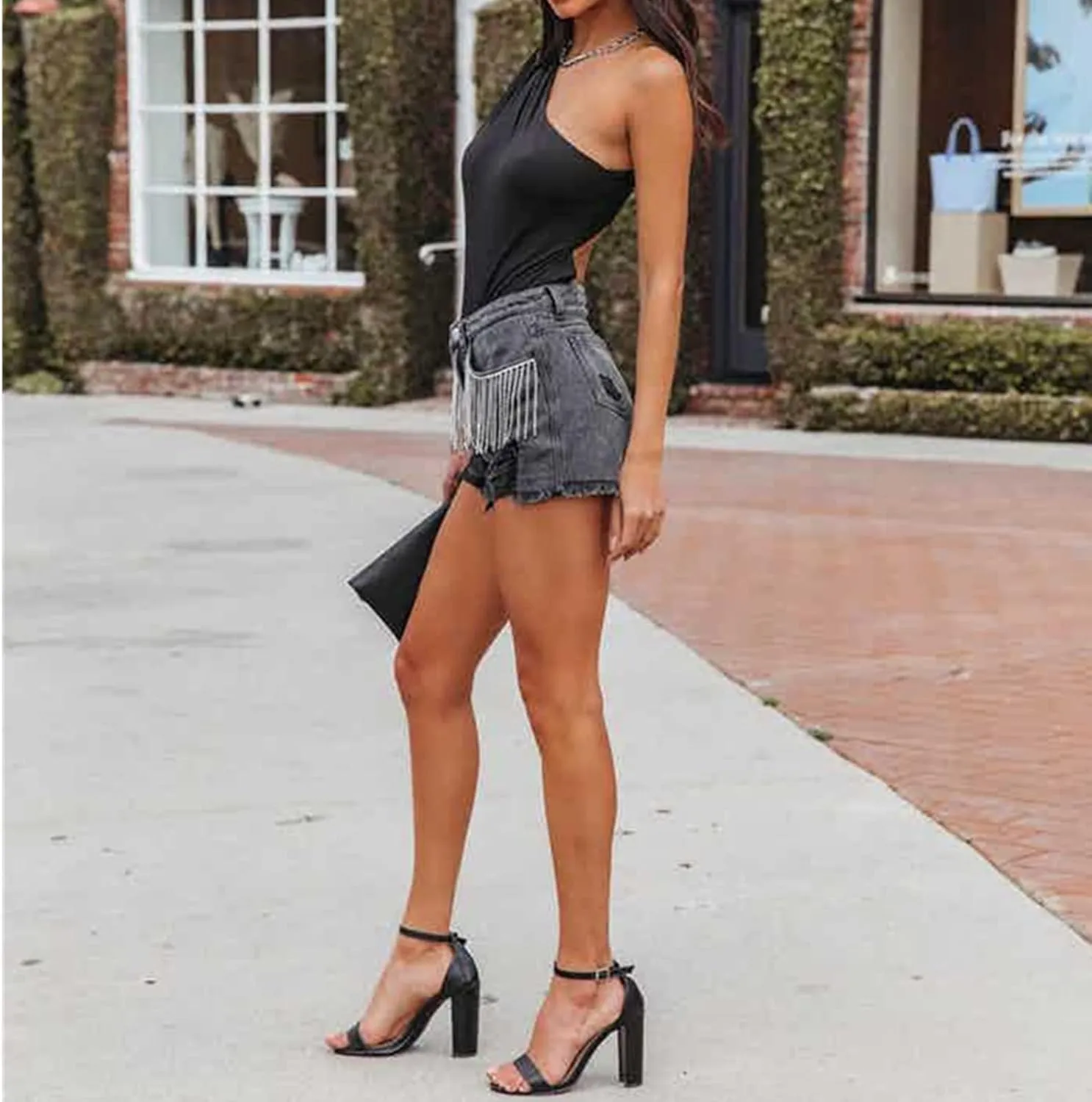 LifeShe Women Denim Short Mid Waist Frayed Raw Hem Rippped Rhinestone Tassel Jean Short