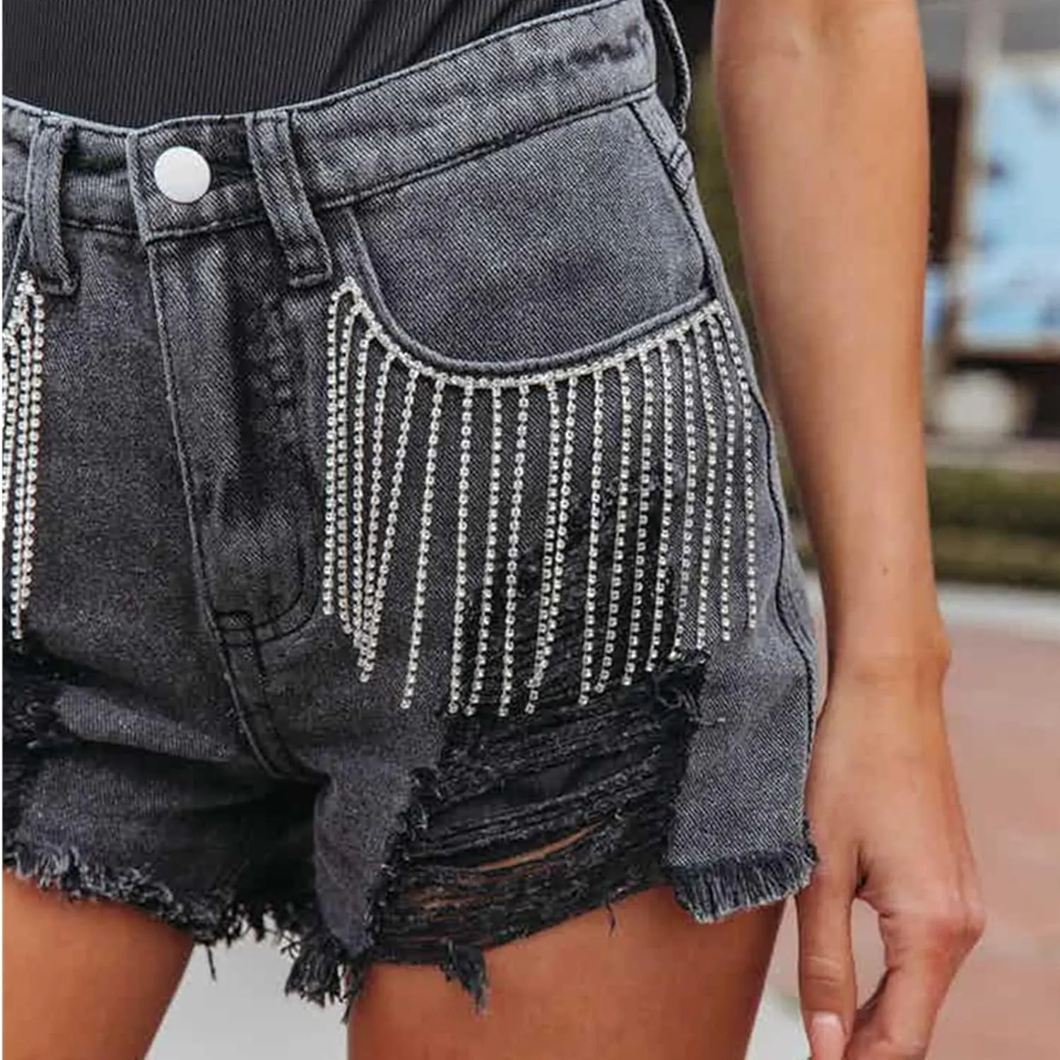 LifeShe Women Denim Short Mid Waist Frayed Raw Hem Rippped Rhinestone Tassel Jean Short