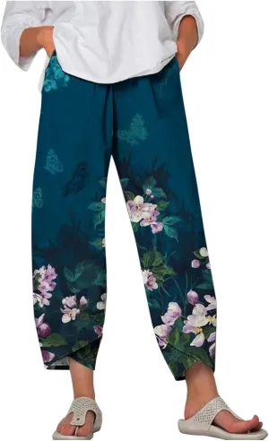 Lighten Deals of The Day Womens Plus Size Pants Trendy Daisy Print Summer Tulip Hem Casual Pants Elastic Waist Trouser Pants with Pockets, Medium, 01 Blue