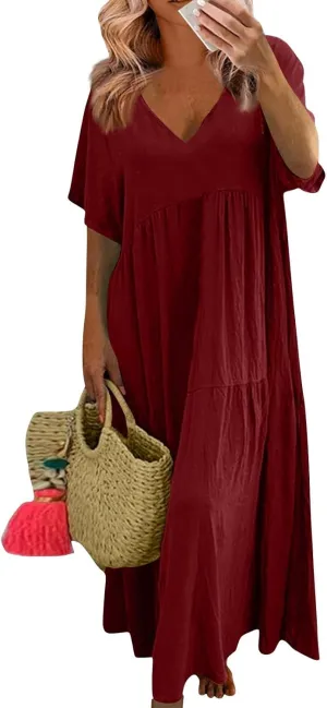 Linen Dress Women Summer Short Sleeve Tiered Maxi Plus Size Dresses Flowy Tshirt V Neck Beach Empire Waist Dress