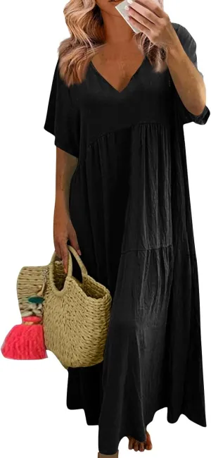 Linen Dress Women Summer Short Sleeve Tiered Maxi Plus Size Dresses Flowy Tshirt V Neck Beach Empire Waist Dress
