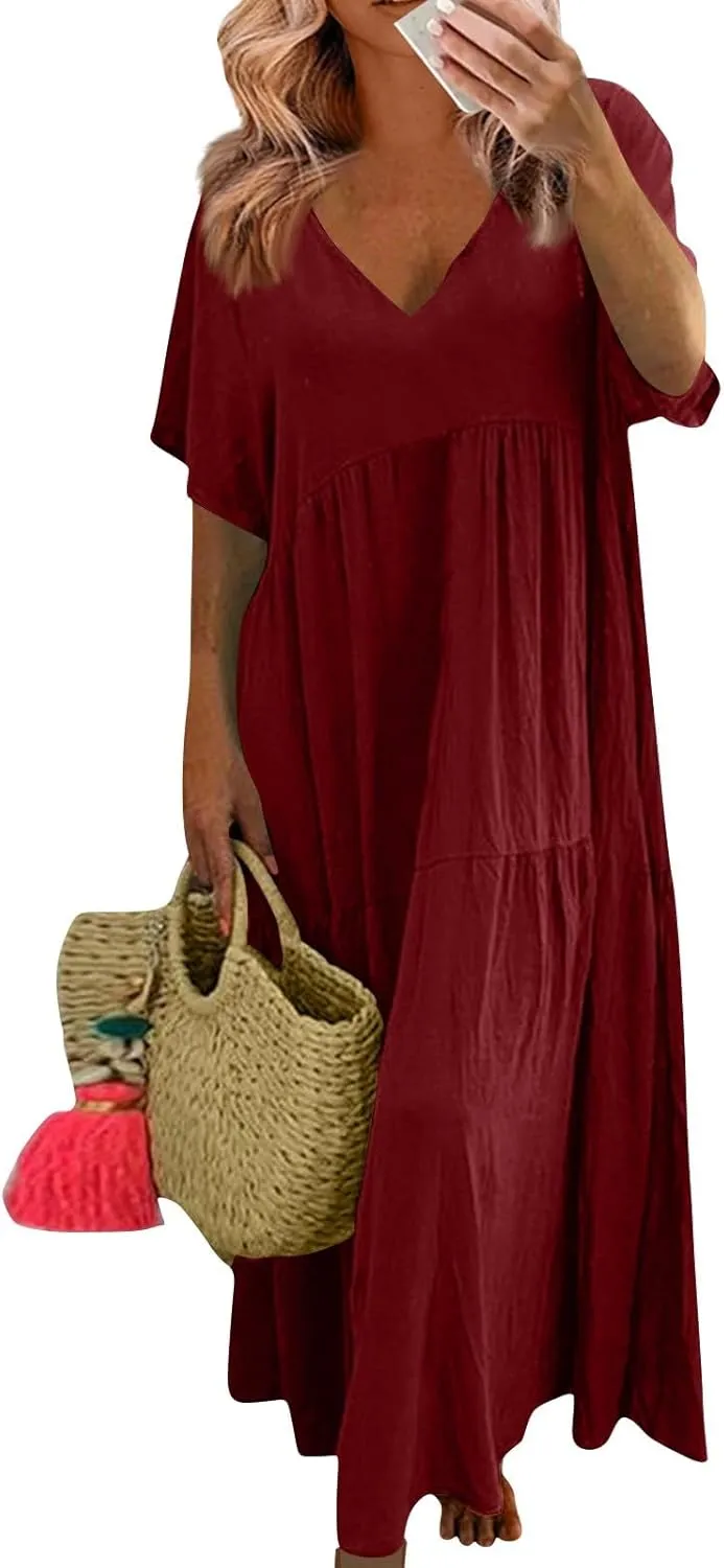 Linen Dress Women Summer Short Sleeve Tiered Maxi Plus Size Dresses Flowy Tshirt V Neck Beach Empire Waist Dress