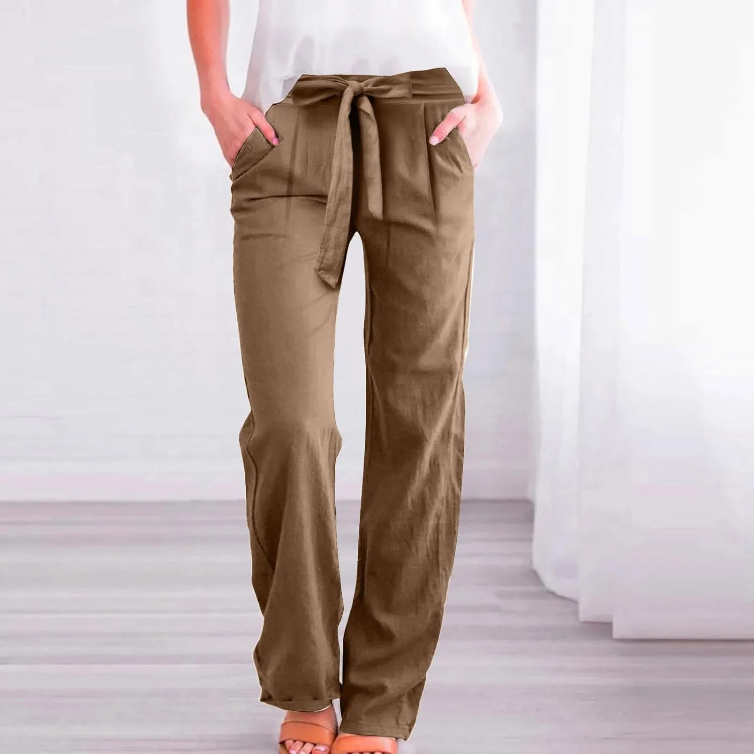 Linen Pants Women Business Casual High Elastic Waist Dress Pants with Pockets Plus Size Summer Wide Leg Lounge Trousers