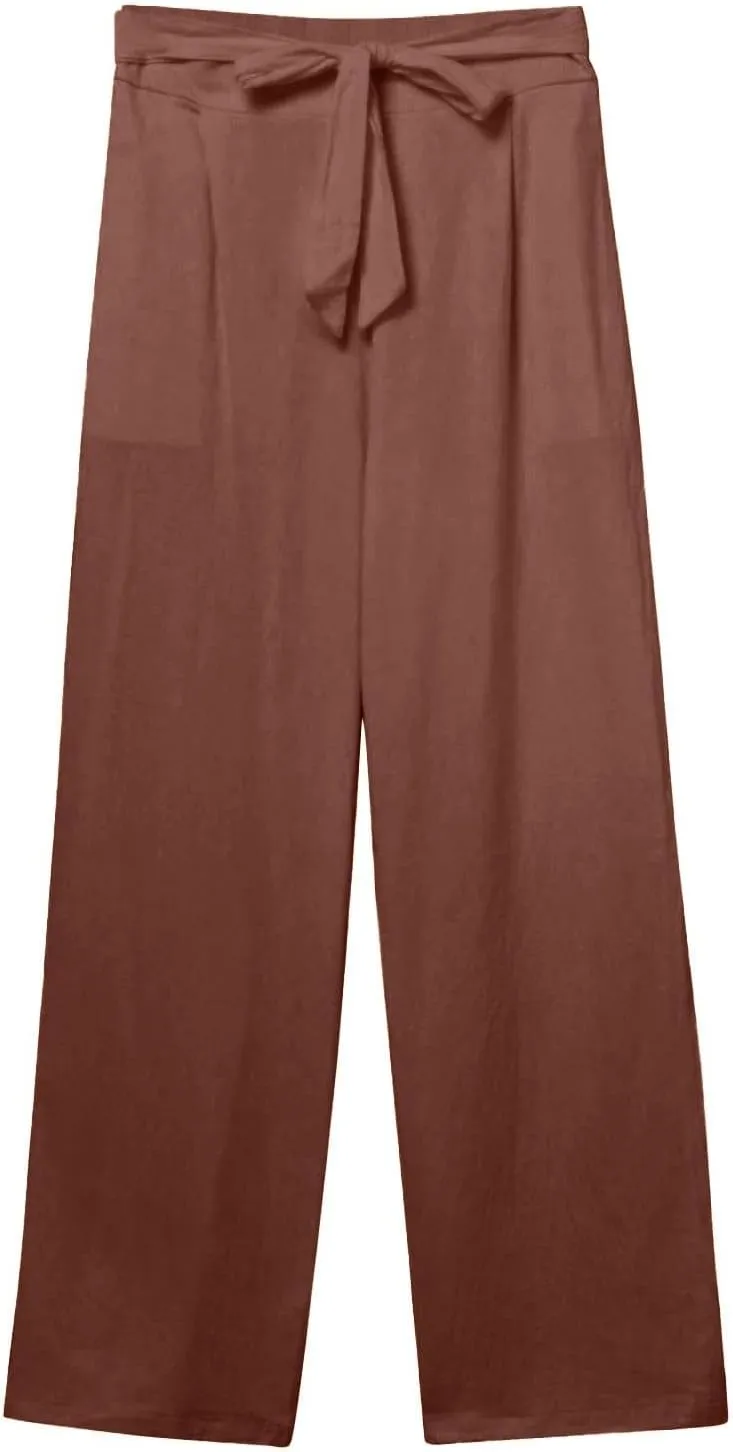 Linen Pants Women Business Casual High Elastic Waist Dress Pants with Pockets Plus Size Summer Wide Leg Lounge Trousers