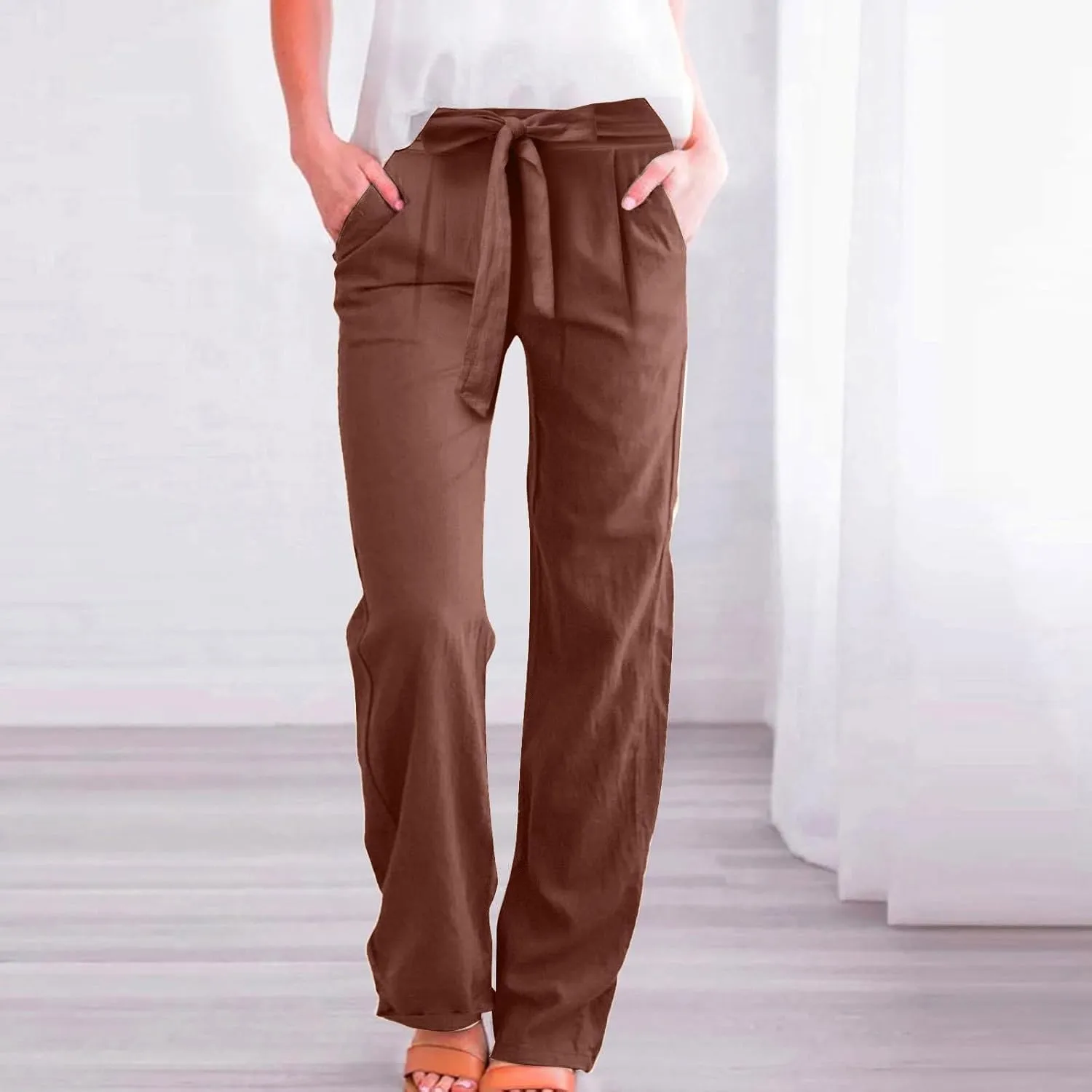 Linen Pants Women Business Casual High Elastic Waist Dress Pants with Pockets Plus Size Summer Wide Leg Lounge Trousers