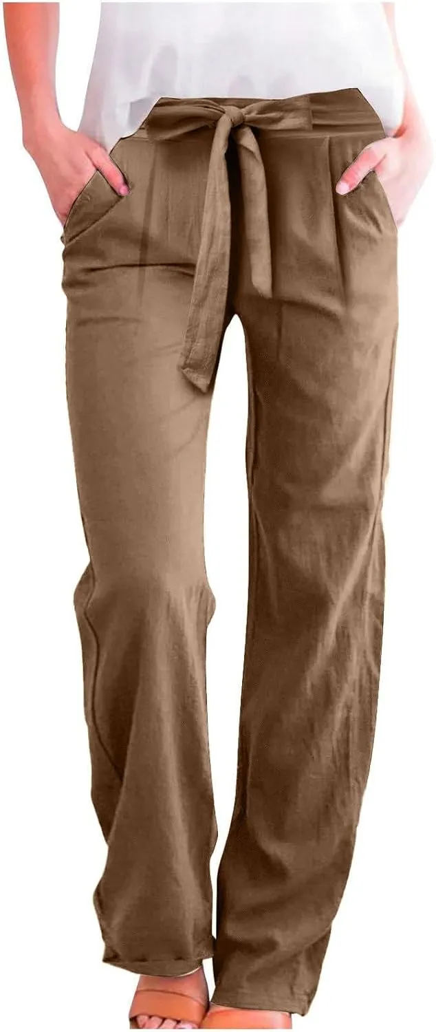 Linen Pants Women Business Casual High Elastic Waist Dress Pants with Pockets Plus Size Summer Wide Leg Lounge Trousers