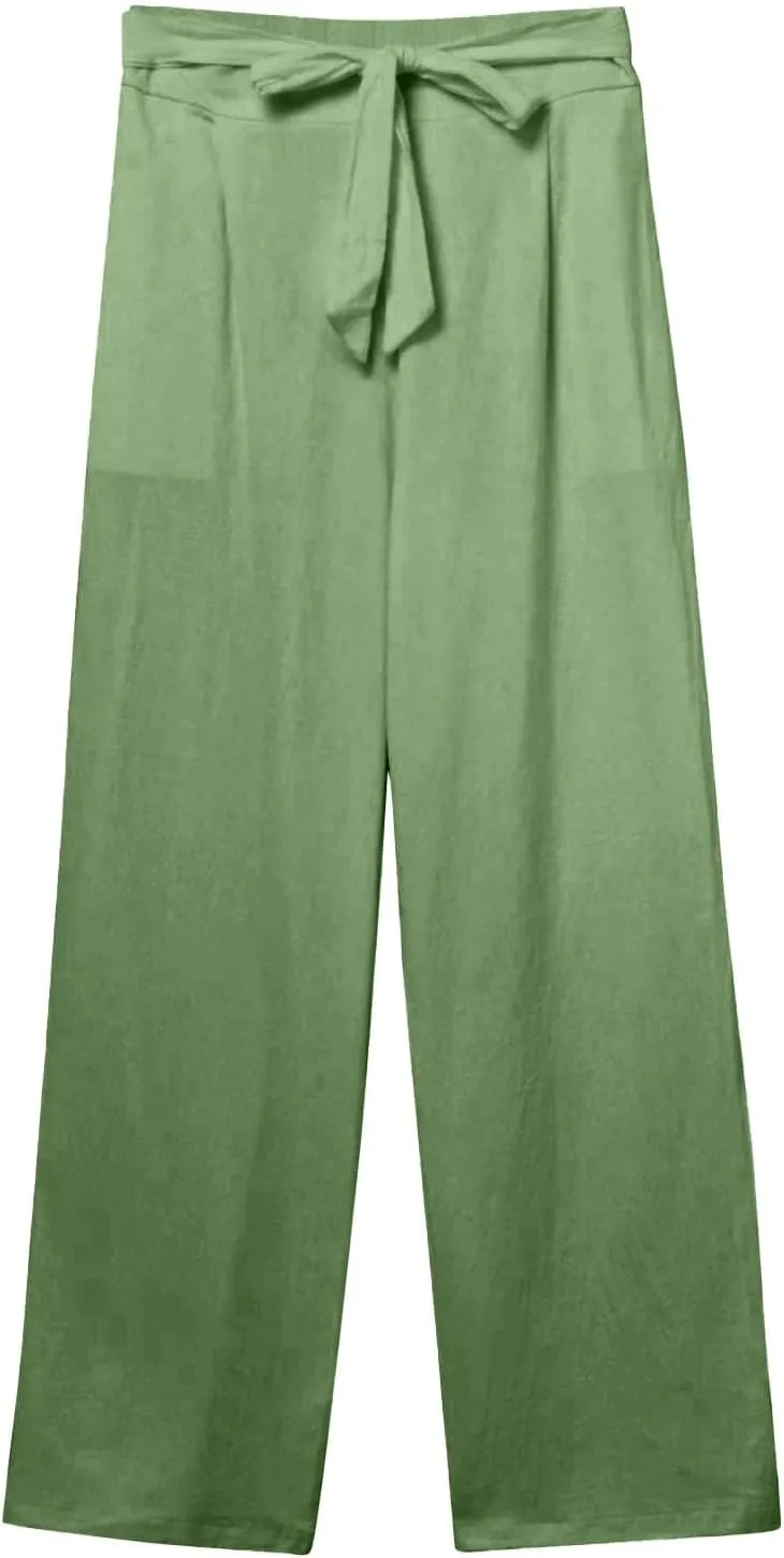 Linen Pants Women Business Casual High Elastic Waist Dress Pants with Pockets Plus Size Summer Wide Leg Lounge Trousers