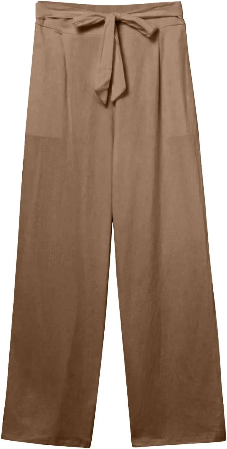 Linen Pants Women Business Casual High Elastic Waist Dress Pants with Pockets Plus Size Summer Wide Leg Lounge Trousers