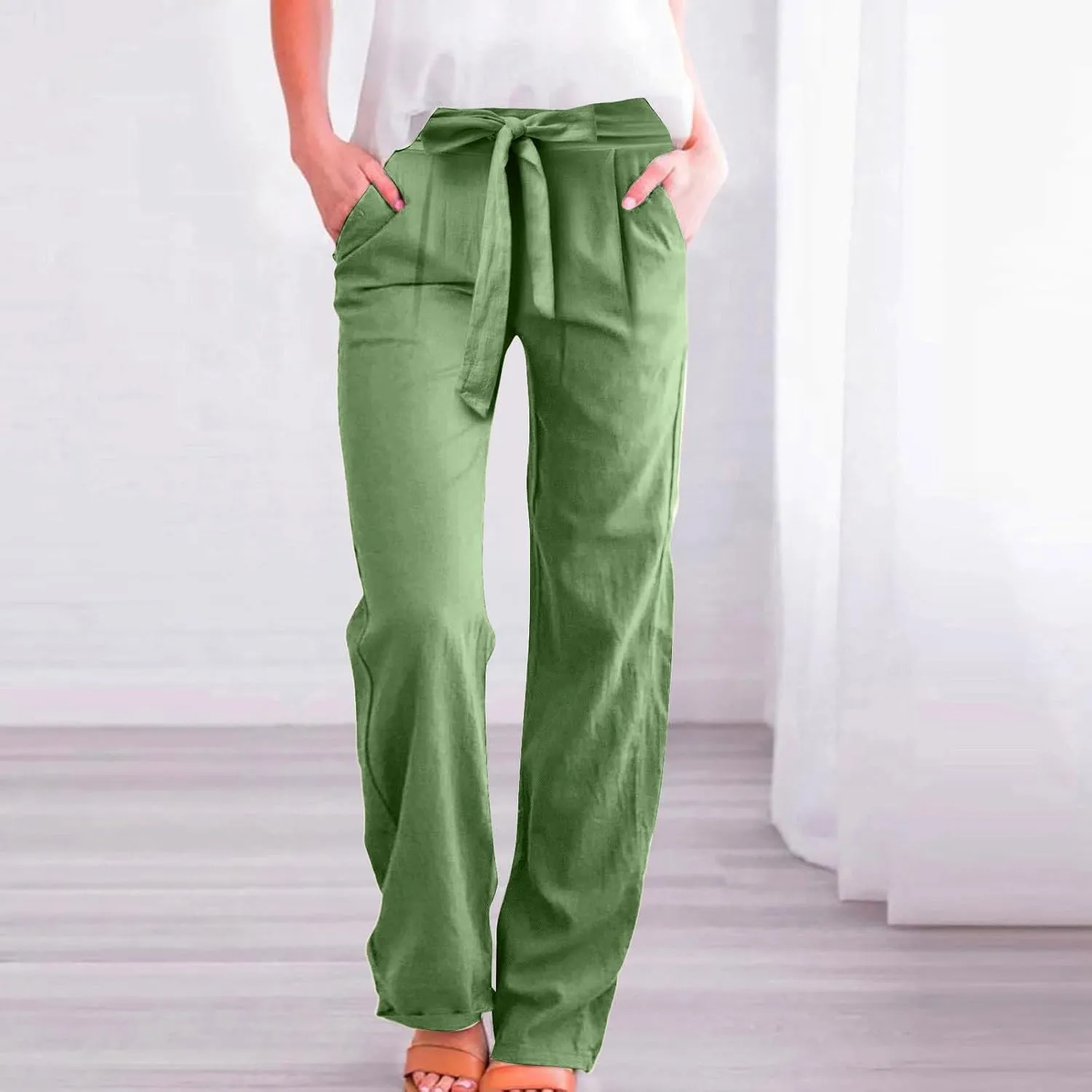 Linen Pants Women Business Casual High Elastic Waist Dress Pants with Pockets Plus Size Summer Wide Leg Lounge Trousers