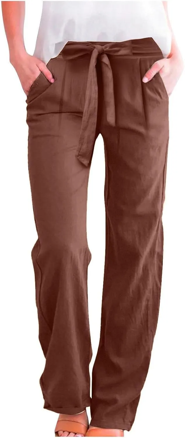 Linen Pants Women Business Casual High Elastic Waist Dress Pants with Pockets Plus Size Summer Wide Leg Lounge Trousers