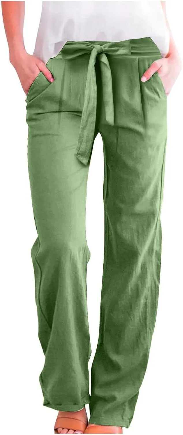 Linen Pants Women Business Casual High Elastic Waist Dress Pants with Pockets Plus Size Summer Wide Leg Lounge Trousers