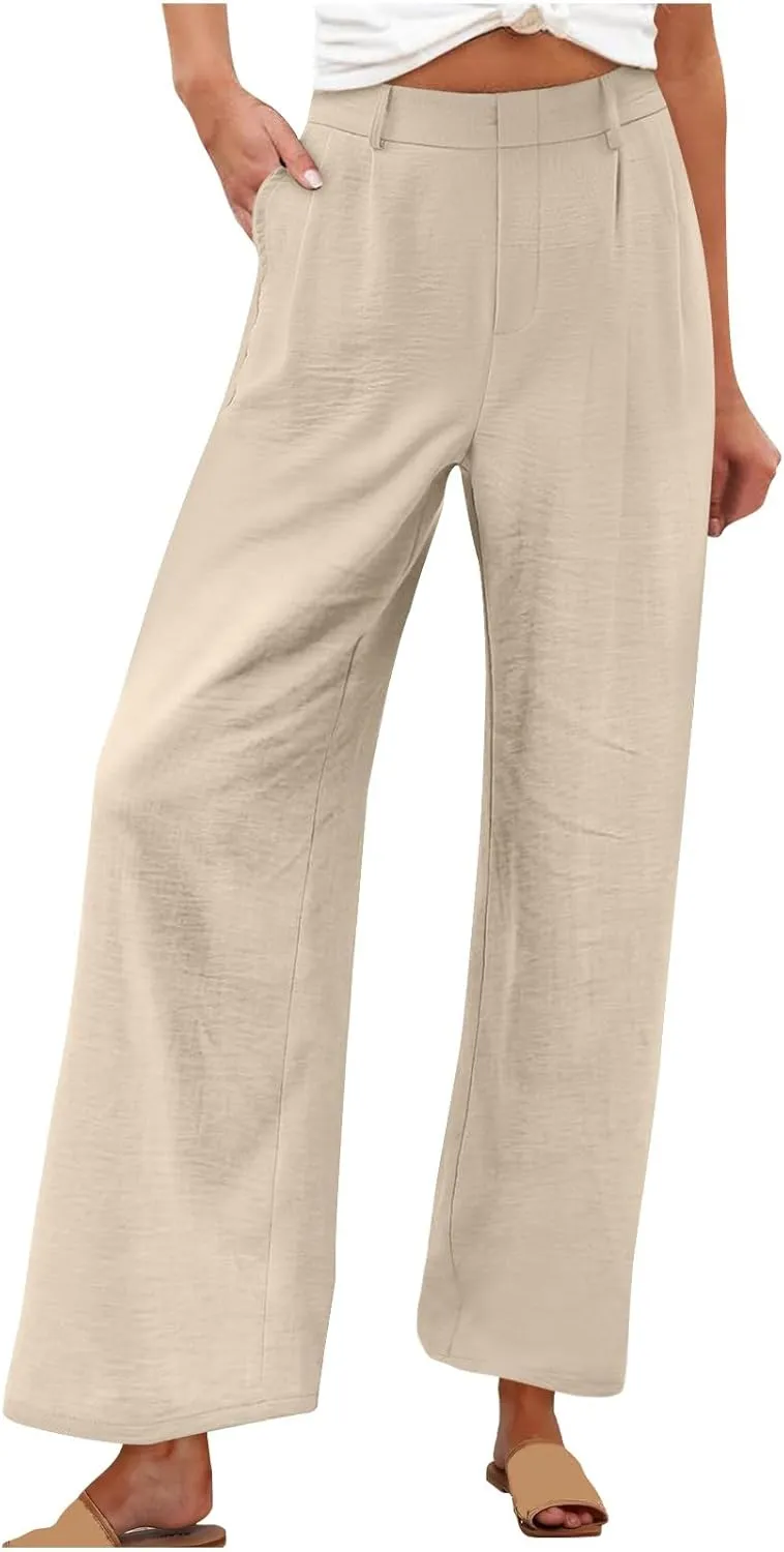 Linen Pants Women Casual Summer Beach Yoga High Waist Dress Pants Lightweight Flat Front Resort Wear Wide Leg Trouser