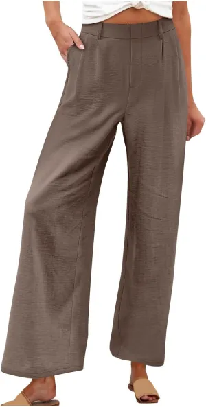 Linen Pants Women Casual Summer Beach Yoga High Waist Dress Pants Lightweight Flat Front Resort Wear Wide Leg Trouser