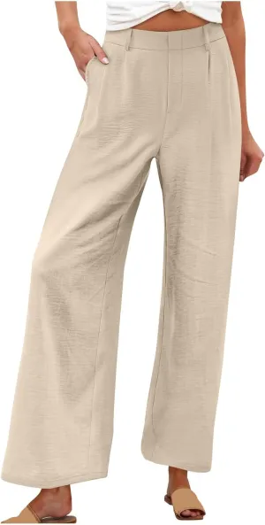 Linen Pants Women Casual Summer Beach Yoga High Waist Dress Pants Lightweight Flat Front Resort Wear Wide Leg Trouser