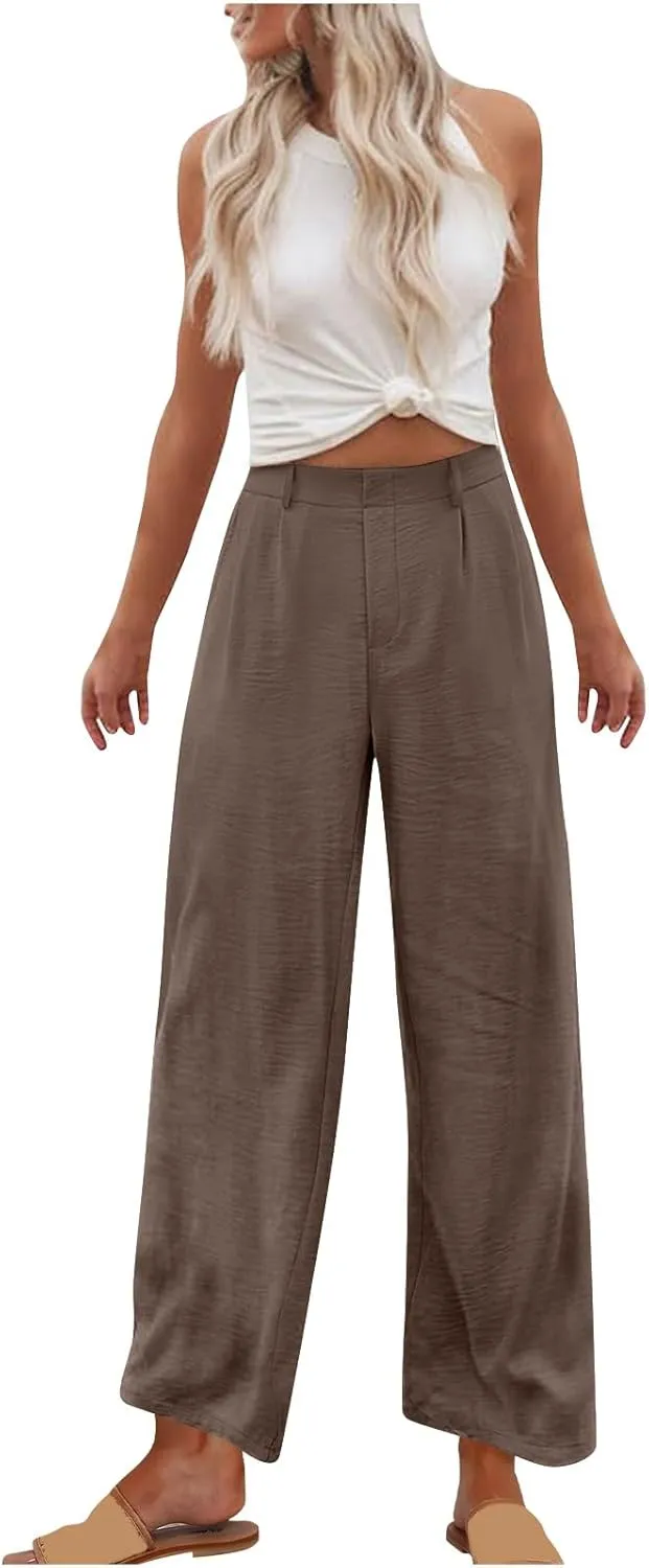 Linen Pants Women Casual Summer Beach Yoga High Waist Dress Pants Lightweight Flat Front Resort Wear Wide Leg Trouser