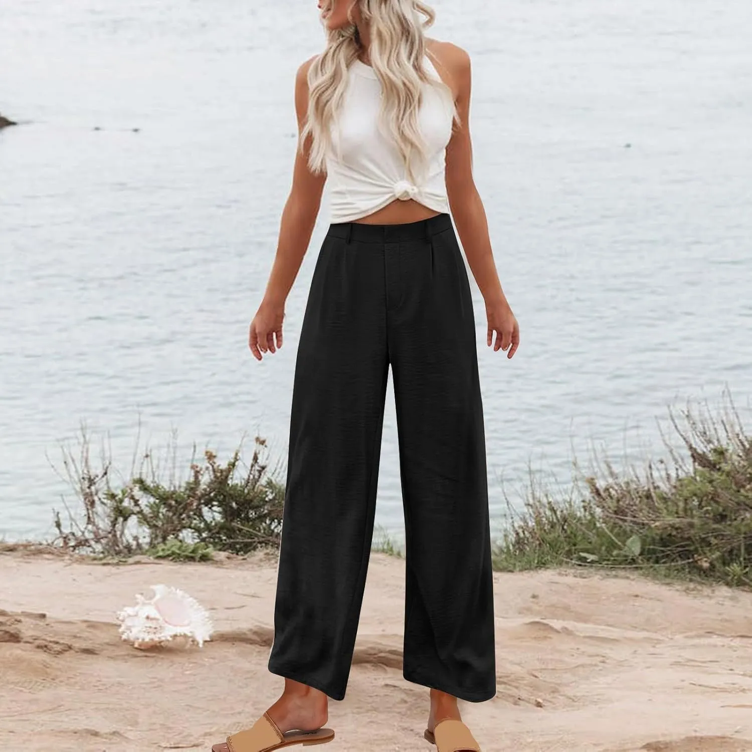 Linen Pants Women Casual Summer Beach Yoga High Waist Dress Pants Lightweight Flat Front Resort Wear Wide Leg Trouser