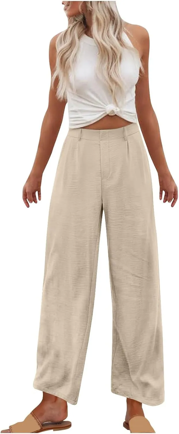 Linen Pants Women Casual Summer Beach Yoga High Waist Dress Pants Lightweight Flat Front Resort Wear Wide Leg Trouser