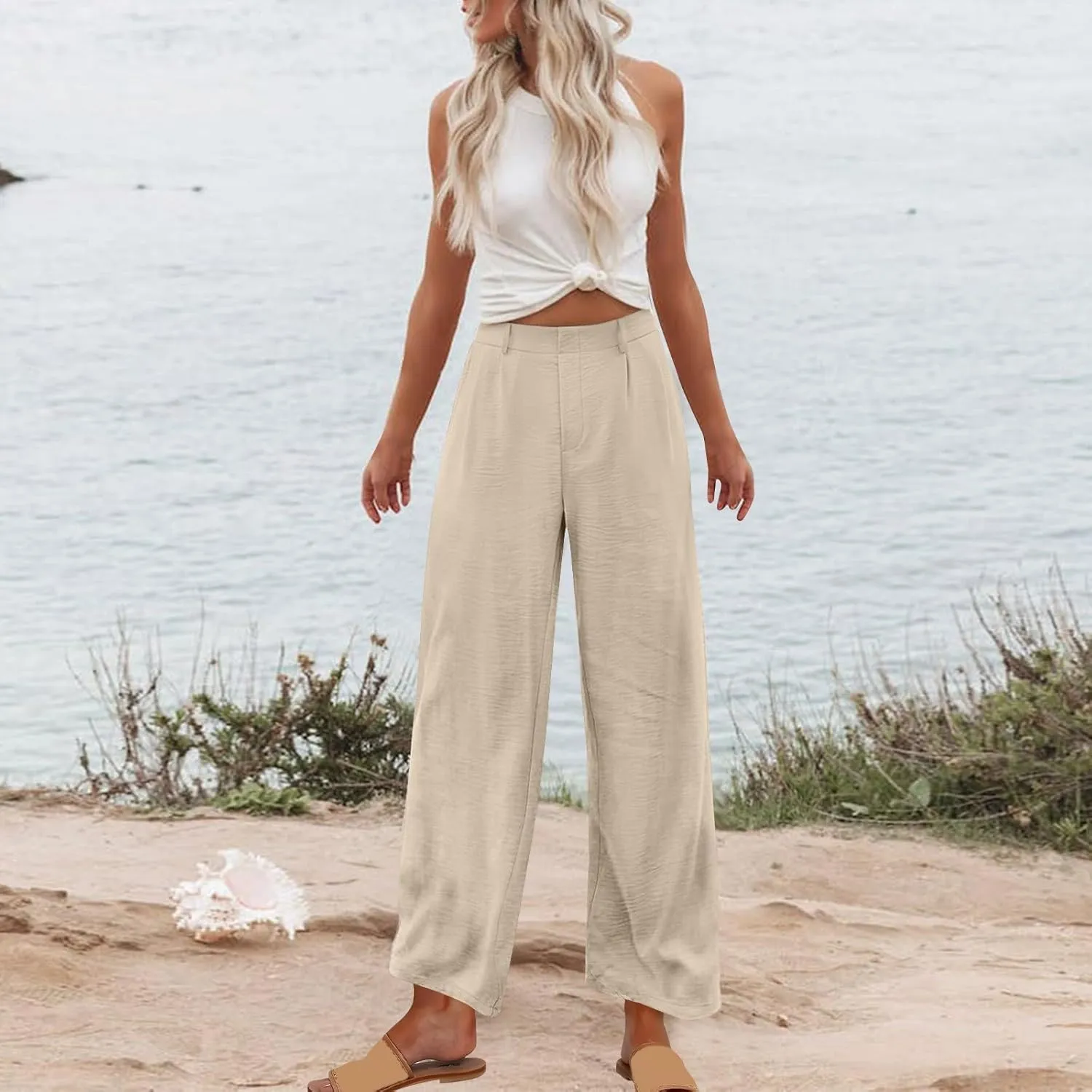 Linen Pants Women Casual Summer Beach Yoga High Waist Dress Pants Lightweight Flat Front Resort Wear Wide Leg Trouser