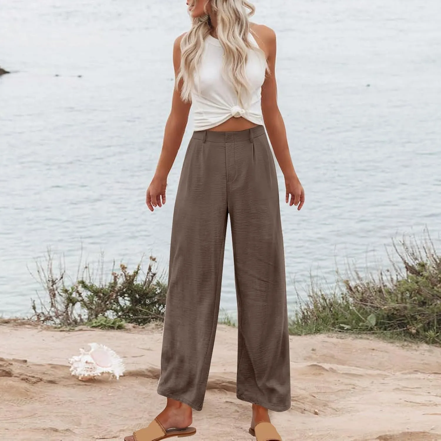 Linen Pants Women Casual Summer Beach Yoga High Waist Dress Pants Lightweight Flat Front Resort Wear Wide Leg Trouser