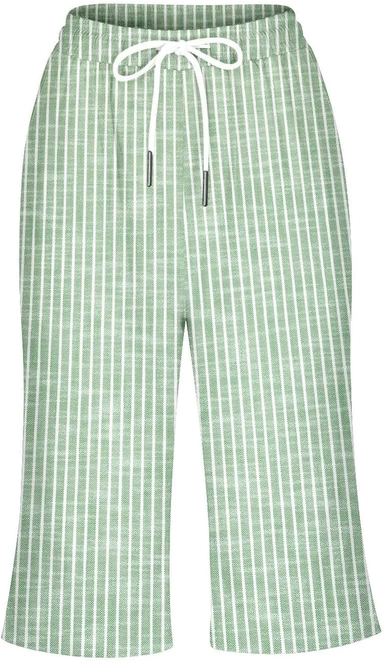 Linen Short for Women Knee Length Casual Striped Bermuda Shorts Summer Elastic Waisted Beach Capri Pant with Pocket