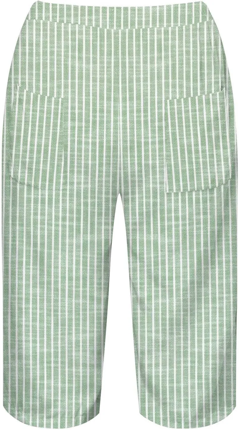 Linen Short for Women Knee Length Casual Striped Bermuda Shorts Summer Elastic Waisted Beach Capri Pant with Pocket