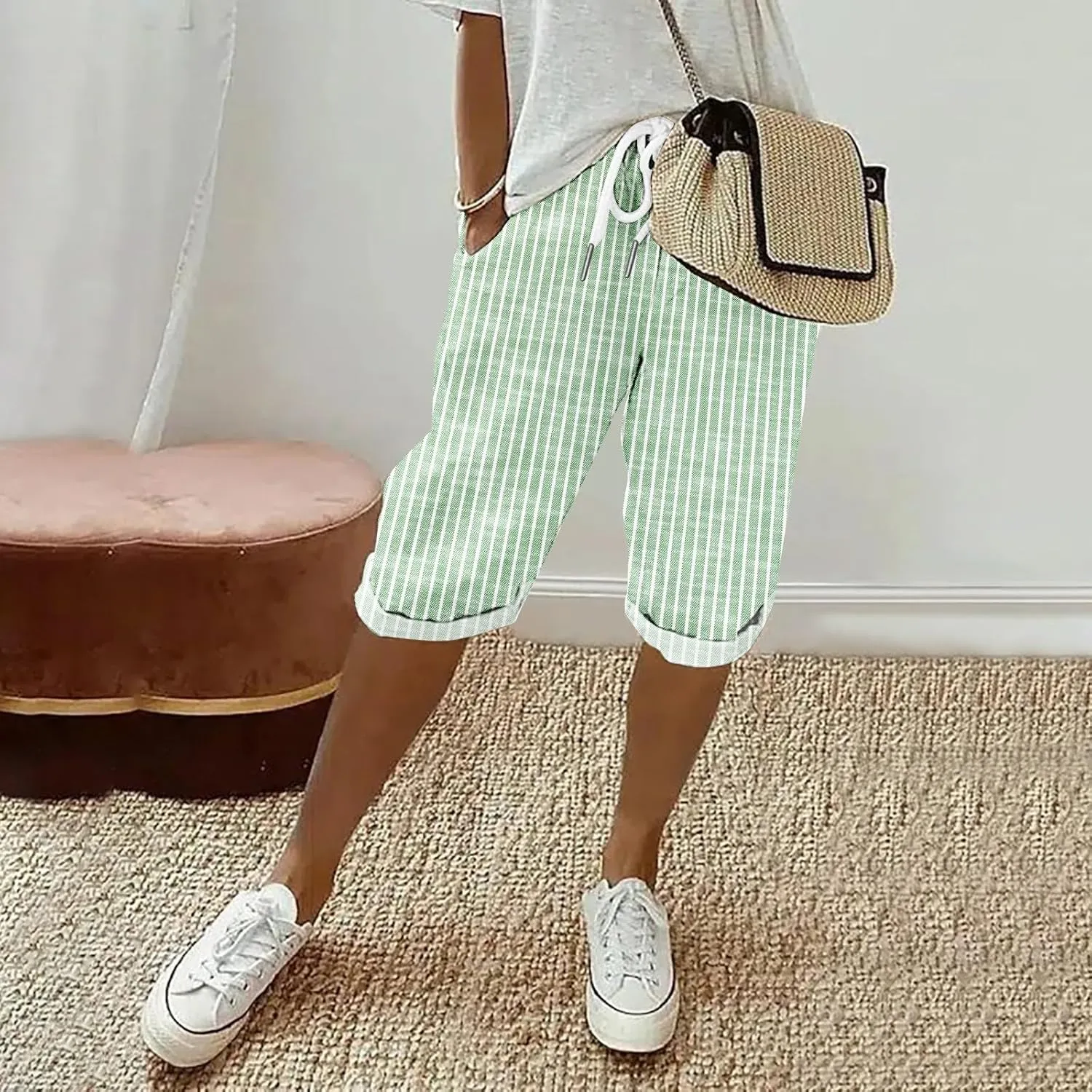 Linen Short for Women Knee Length Casual Striped Bermuda Shorts Summer Elastic Waisted Beach Capri Pant with Pocket