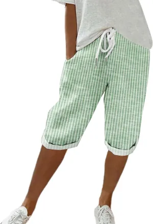 Linen Short for Women Knee Length Casual Striped Bermuda Shorts Summer Elastic Waisted Beach Capri Pant with Pocket