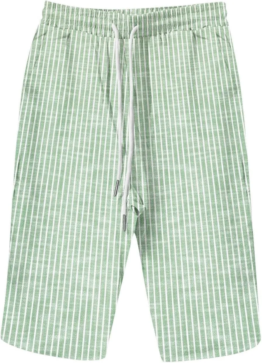 Linen Short for Women Knee Length Casual Striped Bermuda Shorts Summer Elastic Waisted Beach Capri Pant with Pocket