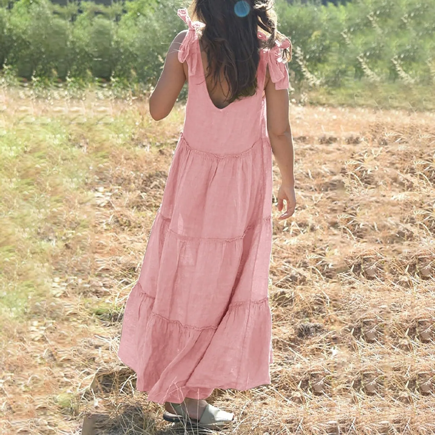 Linen Sundresses for Women 2025 Vacation Tie Shoulder V Neck Tiered Maxi Dress Flowy Summer Long Beach Sundress