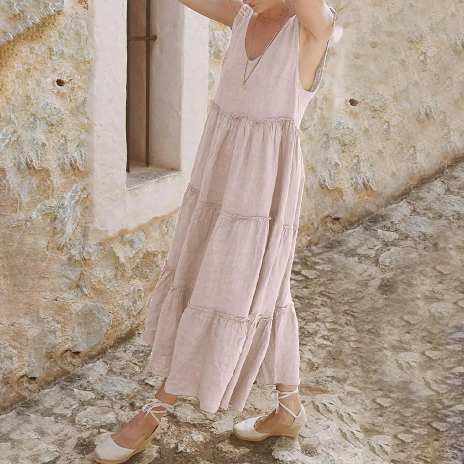 Linen Sundresses for Women 2025 Vacation Tie Shoulder V Neck Tiered Maxi Dress Flowy Summer Long Beach Sundress