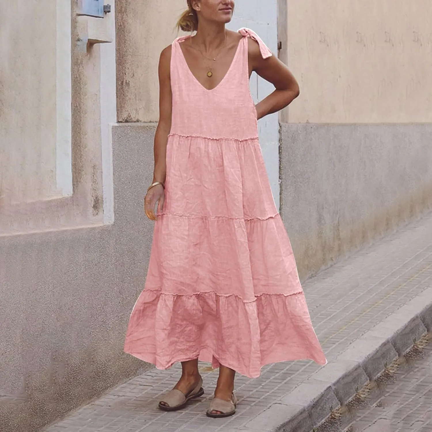 Linen Sundresses for Women 2025 Vacation Tie Shoulder V Neck Tiered Maxi Dress Flowy Summer Long Beach Sundress