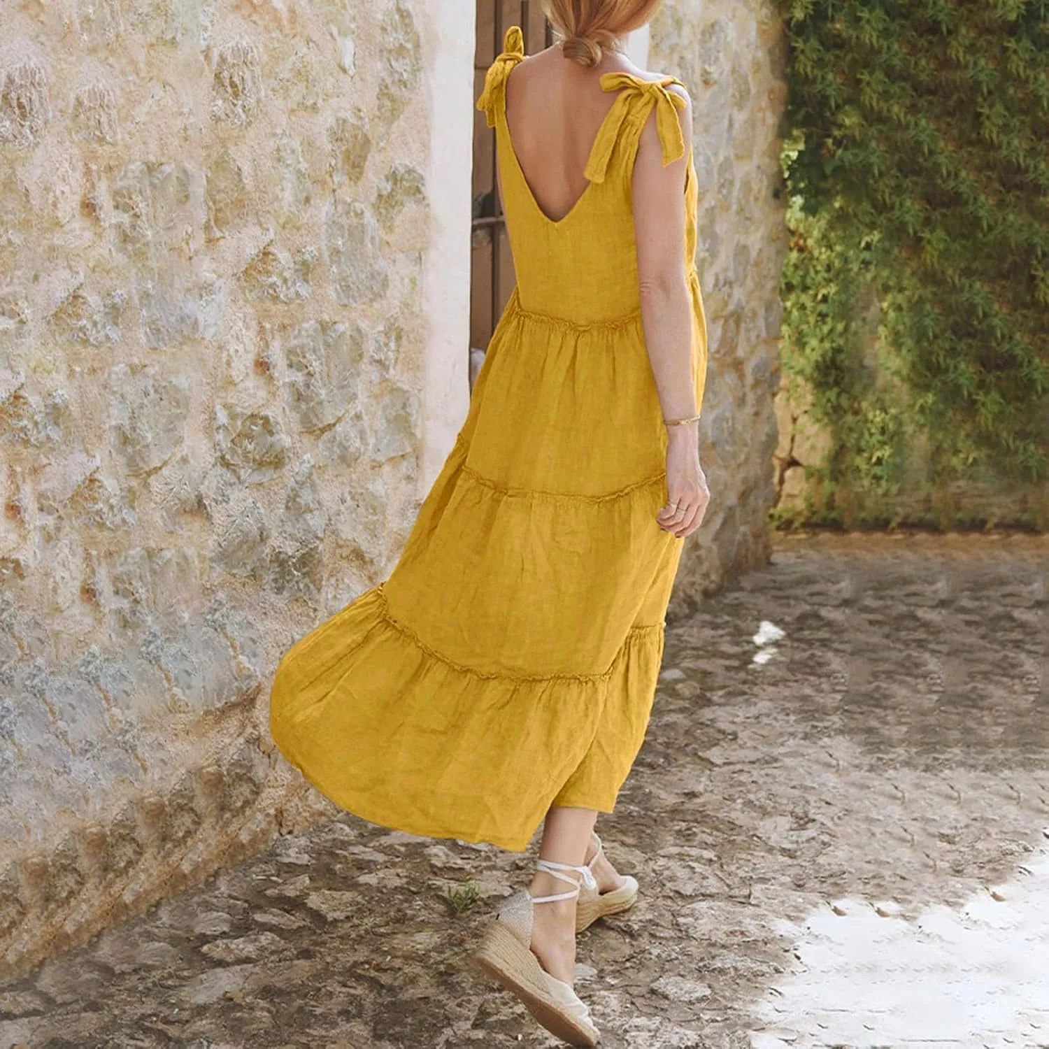 Linen Sundresses for Women 2025 Vacation Tie Shoulder V Neck Tiered Maxi Dress Flowy Summer Long Beach Sundress