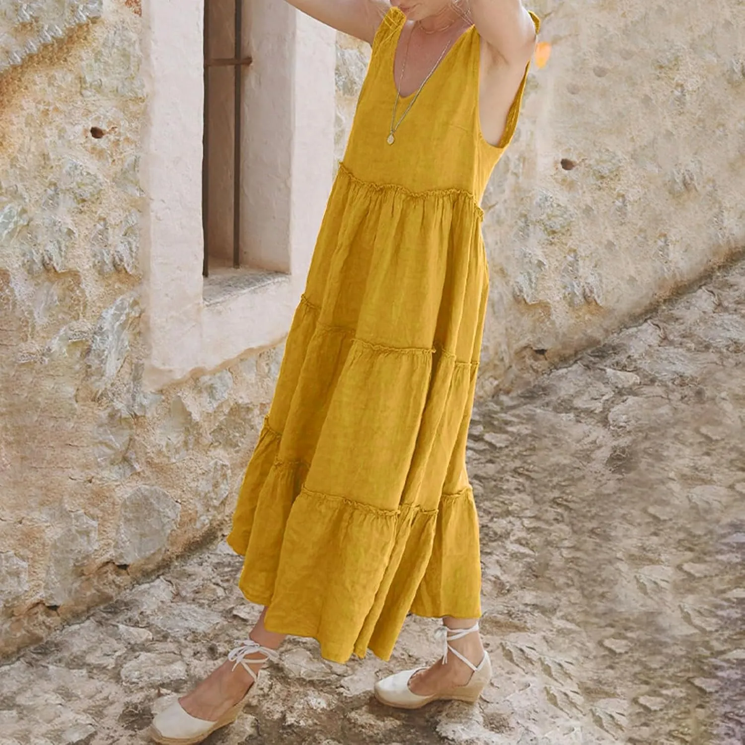 Linen Sundresses for Women 2025 Vacation Tie Shoulder V Neck Tiered Maxi Dress Flowy Summer Long Beach Sundress