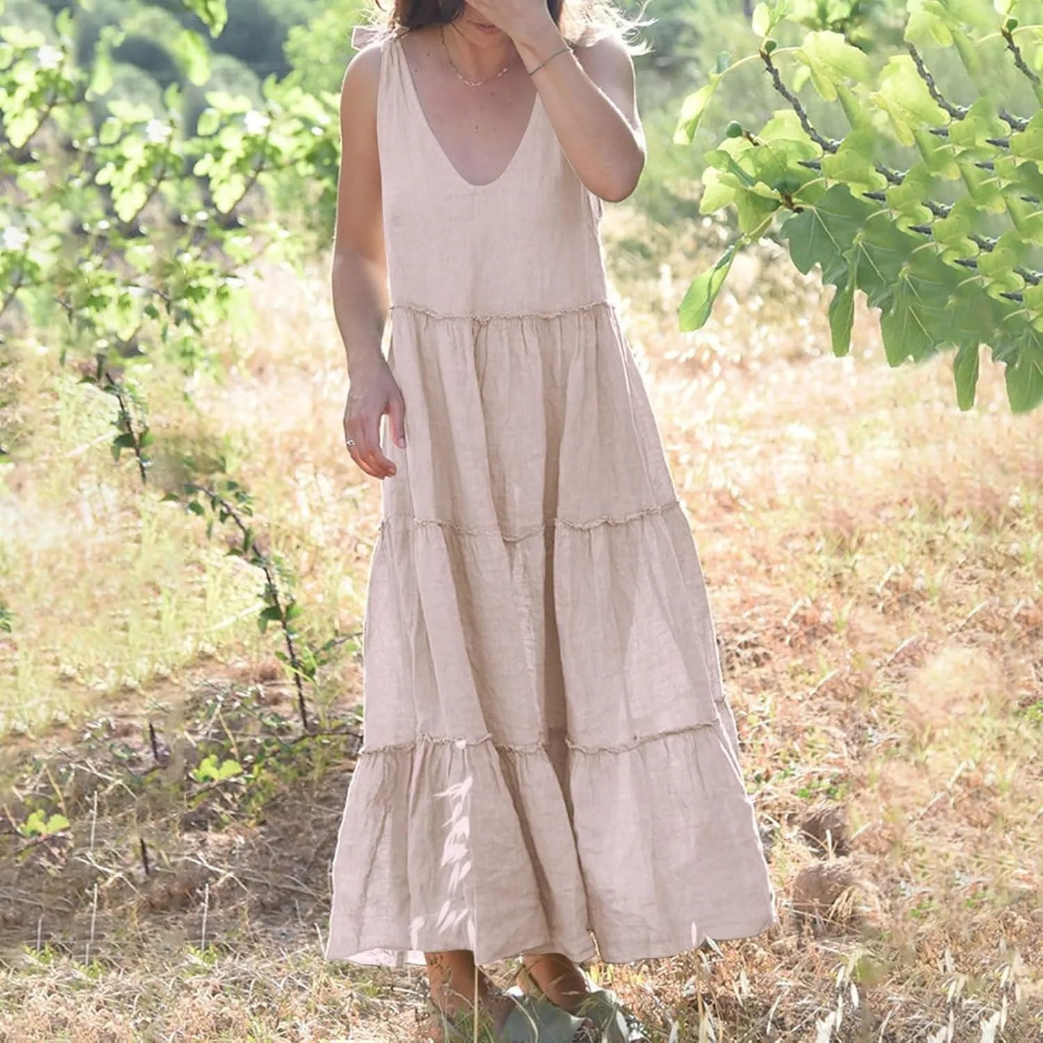 Linen Sundresses for Women 2025 Vacation Tie Shoulder V Neck Tiered Maxi Dress Flowy Summer Long Beach Sundress