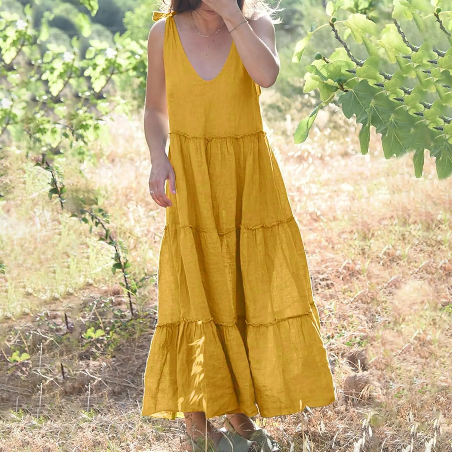 Linen Sundresses for Women 2025 Vacation Tie Shoulder V Neck Tiered Maxi Dress Flowy Summer Long Beach Sundress