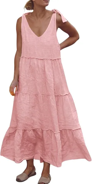 Linen Sundresses for Women 2025 Vacation Tie Shoulder V Neck Tiered Maxi Dress Flowy Summer Long Beach Sundress