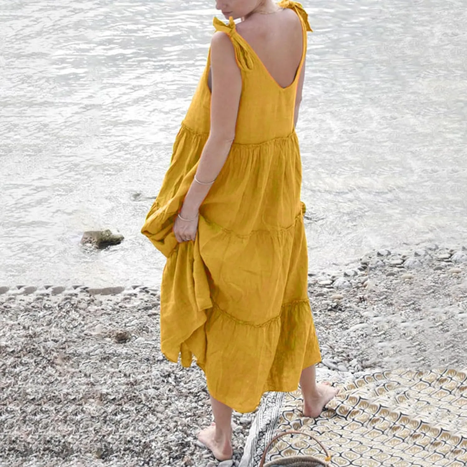 Linen Sundresses for Women 2025 Vacation Tie Shoulder V Neck Tiered Maxi Dress Flowy Summer Long Beach Sundress