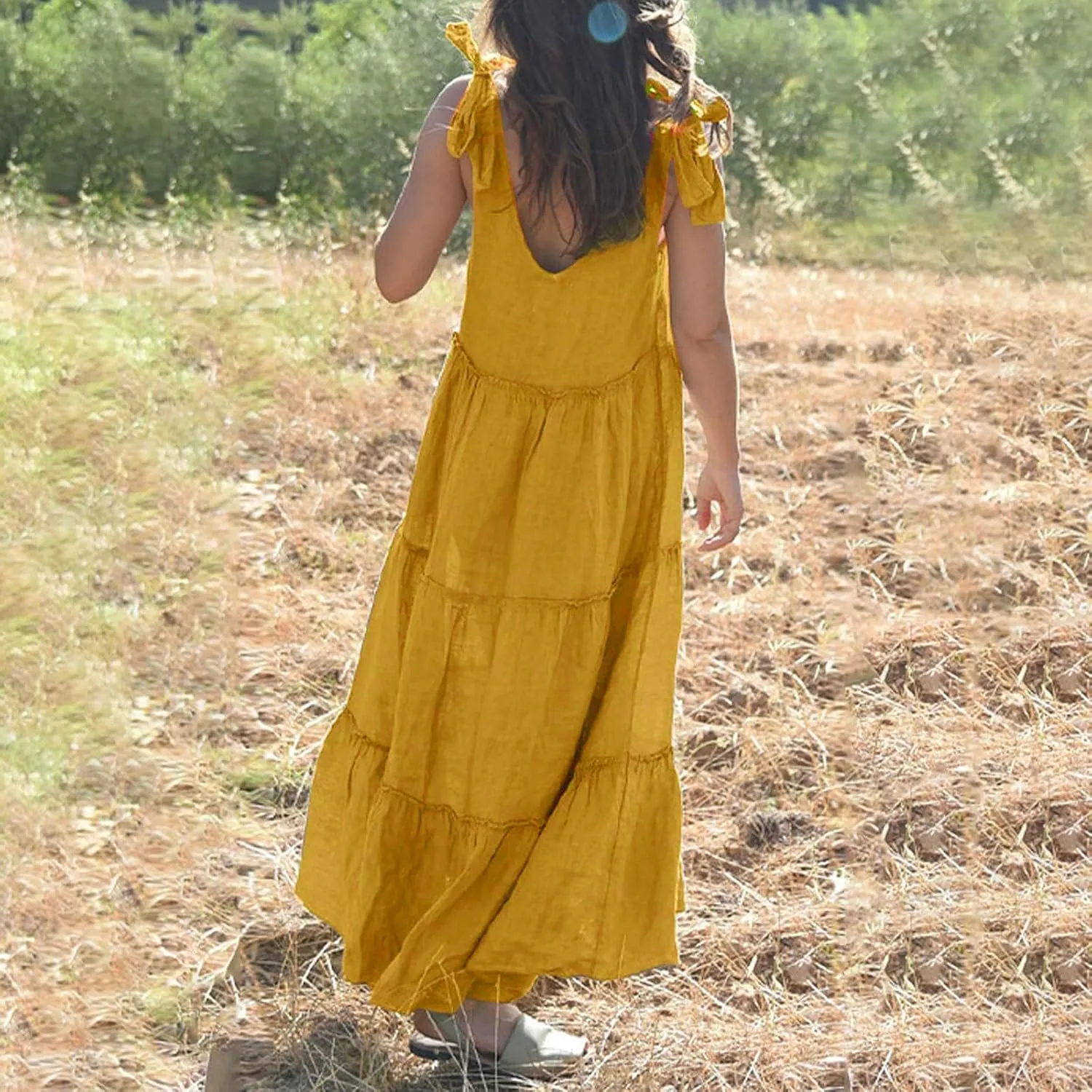 Linen Sundresses for Women 2025 Vacation Tie Shoulder V Neck Tiered Maxi Dress Flowy Summer Long Beach Sundress