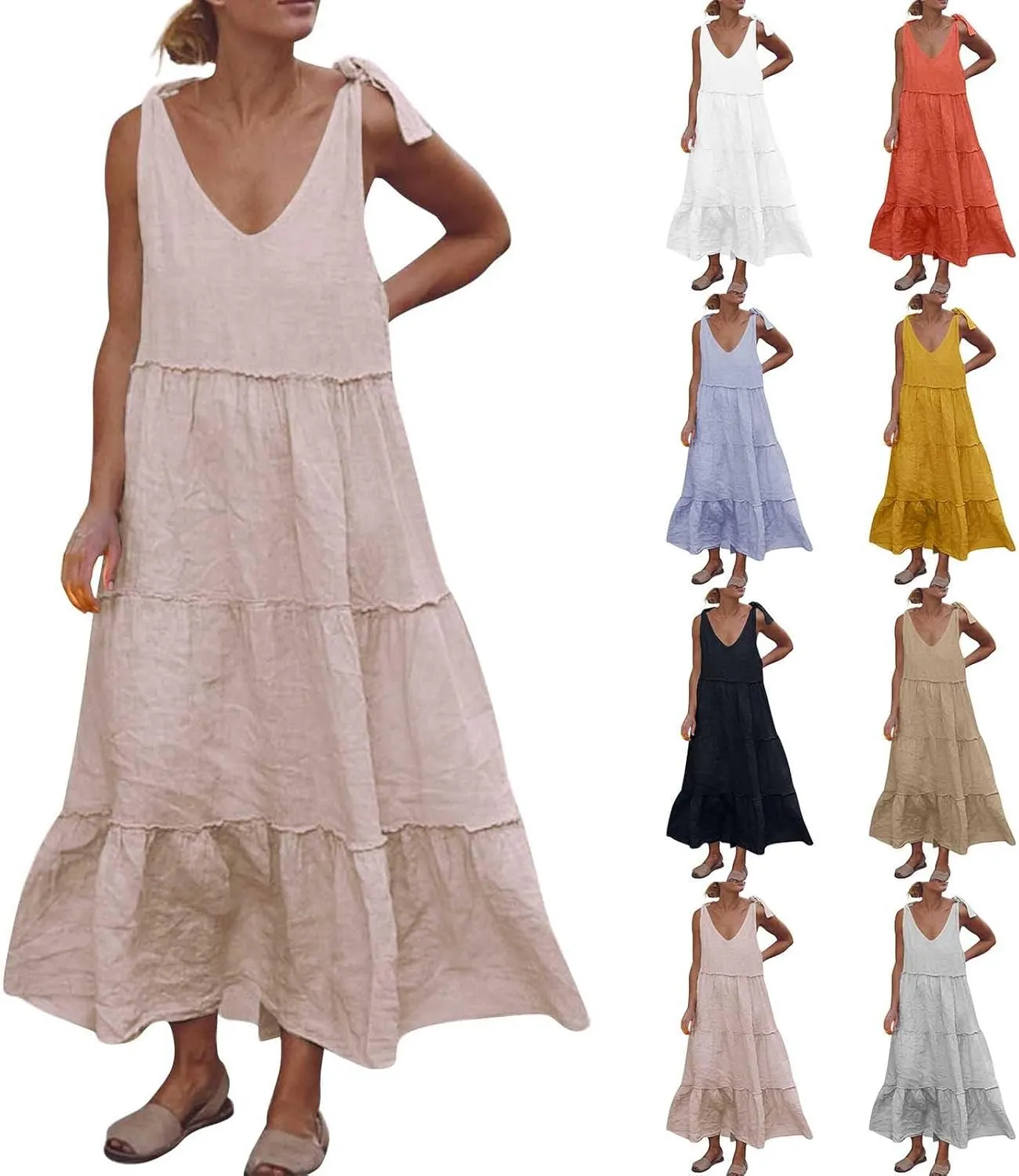 Linen Sundresses for Women 2025 Vacation Tie Shoulder V Neck Tiered Maxi Dress Flowy Summer Long Beach Sundress