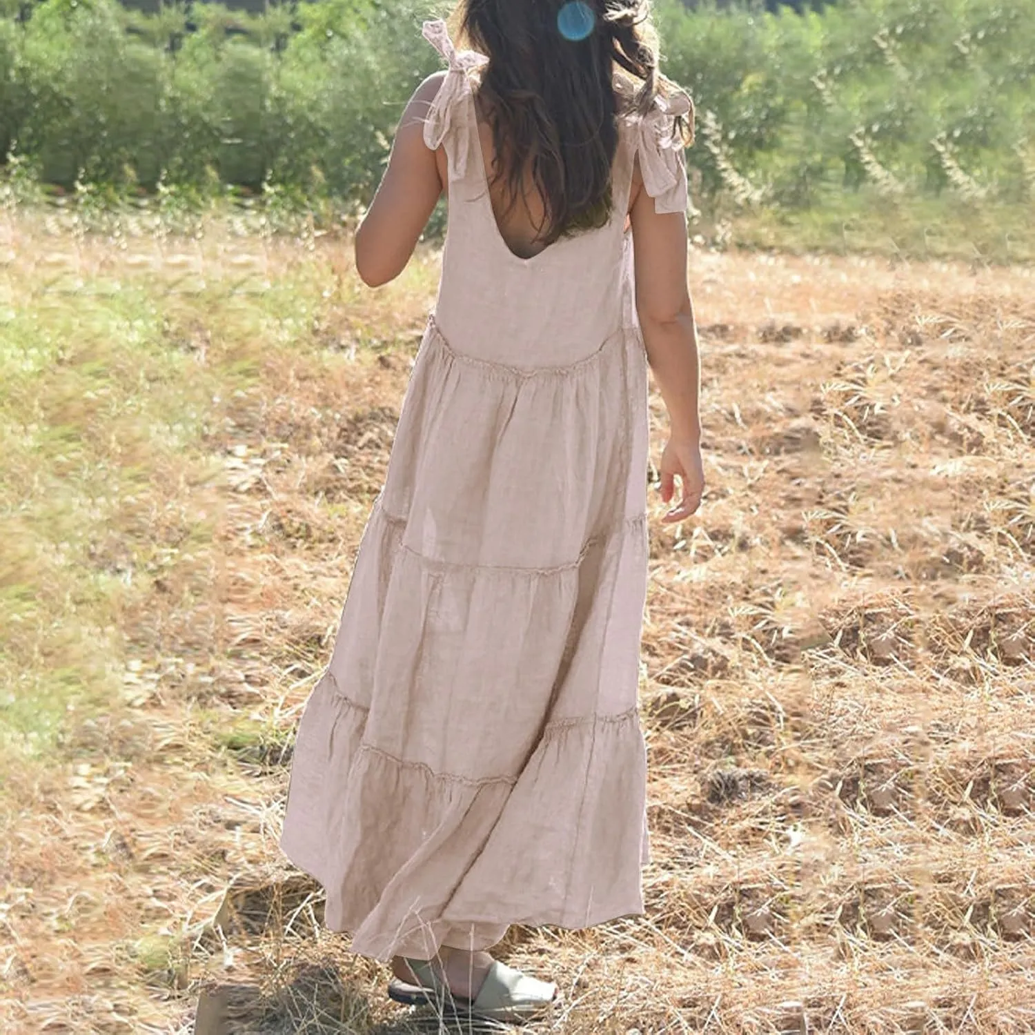 Linen Sundresses for Women 2025 Vacation Tie Shoulder V Neck Tiered Maxi Dress Flowy Summer Long Beach Sundress