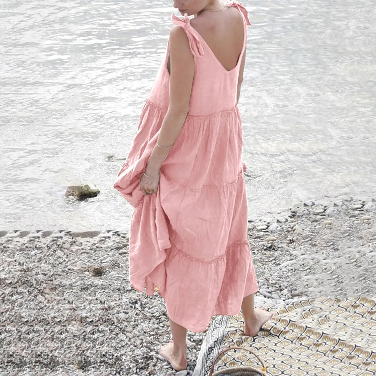 Linen Sundresses for Women 2025 Vacation Tie Shoulder V Neck Tiered Maxi Dress Flowy Summer Long Beach Sundress