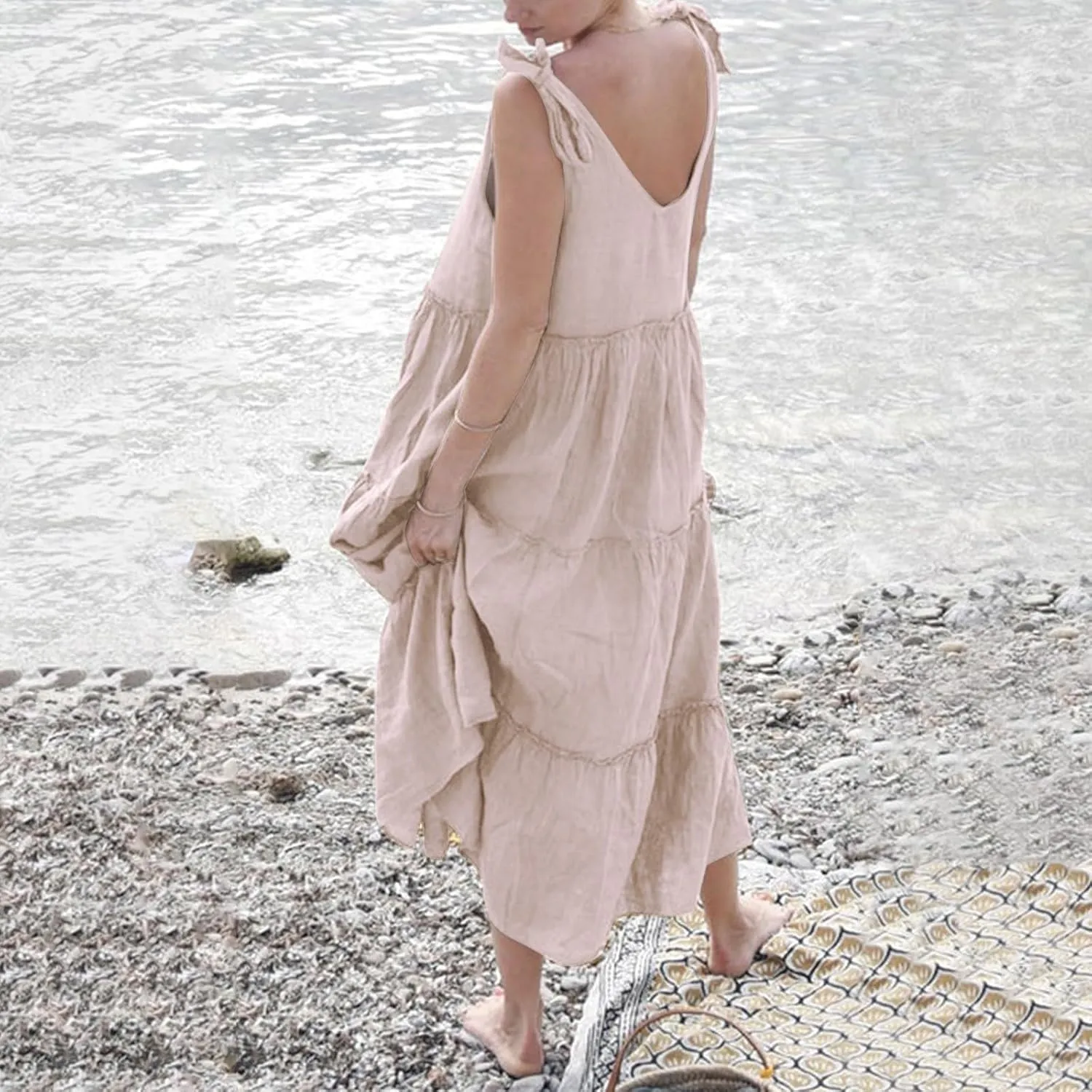 Linen Sundresses for Women 2025 Vacation Tie Shoulder V Neck Tiered Maxi Dress Flowy Summer Long Beach Sundress