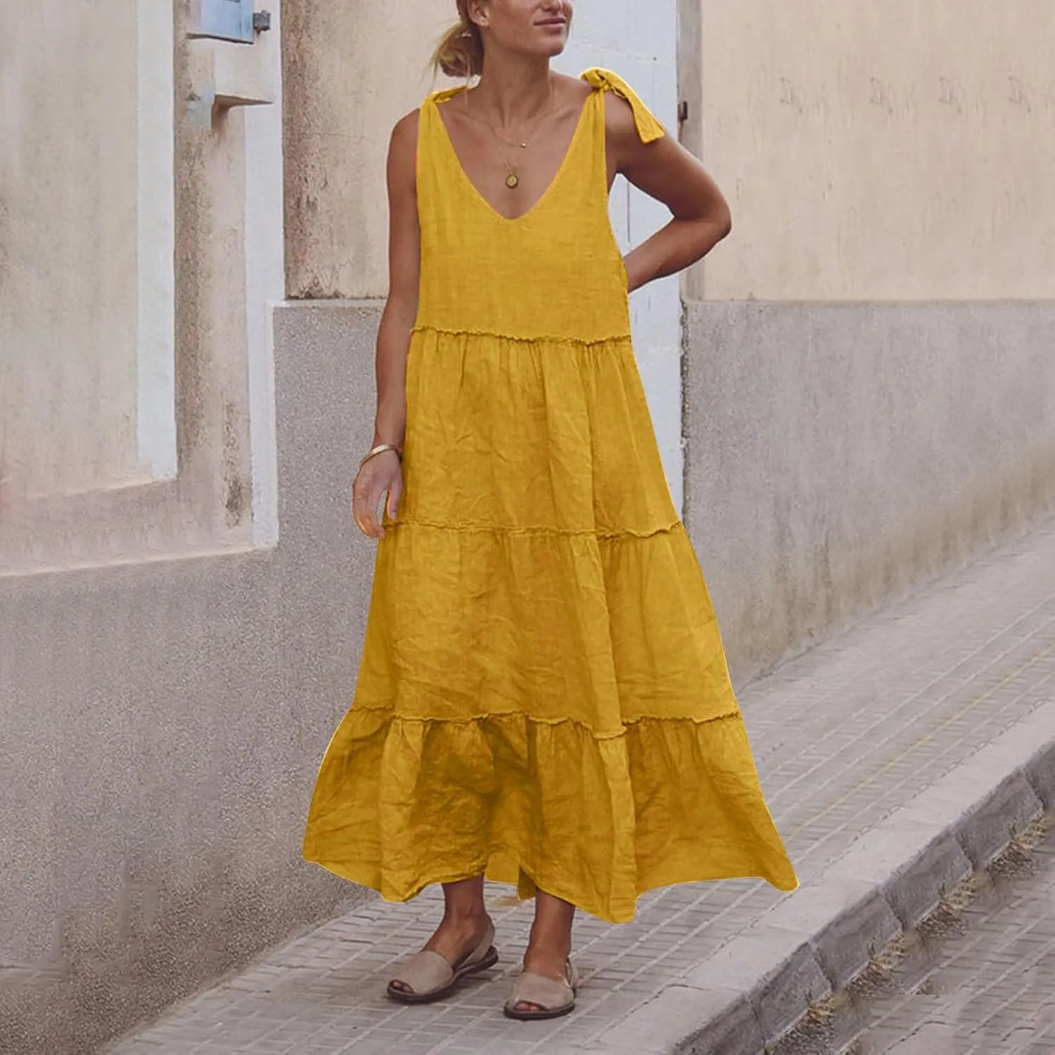 Linen Sundresses for Women 2025 Vacation Tie Shoulder V Neck Tiered Maxi Dress Flowy Summer Long Beach Sundress