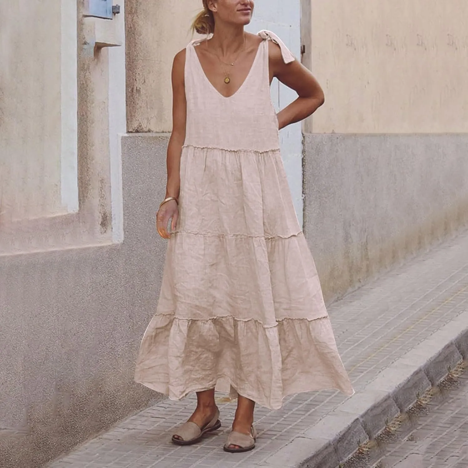 Linen Sundresses for Women 2025 Vacation Tie Shoulder V Neck Tiered Maxi Dress Flowy Summer Long Beach Sundress