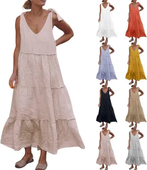 Linen Sundresses for Women 2025 Vacation Tie Shoulder V Neck Tiered Maxi Dress Flowy Summer Long Beach Sundress