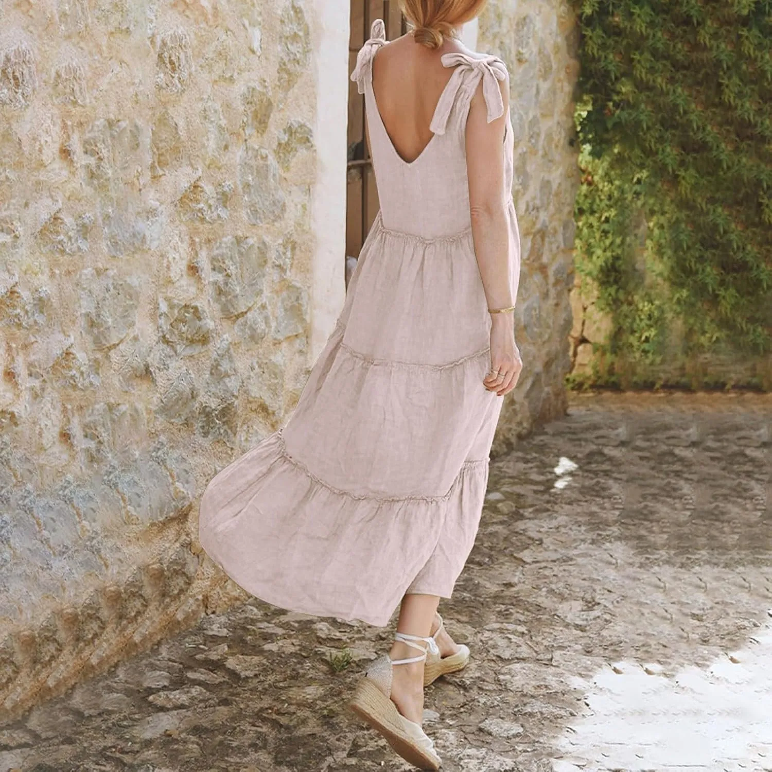 Linen Sundresses for Women 2025 Vacation Tie Shoulder V Neck Tiered Maxi Dress Flowy Summer Long Beach Sundress