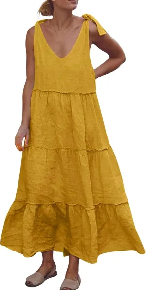 Linen Sundresses for Women 2025 Vacation Tie Shoulder V Neck Tiered Maxi Dress Flowy Summer Long Beach Sundress