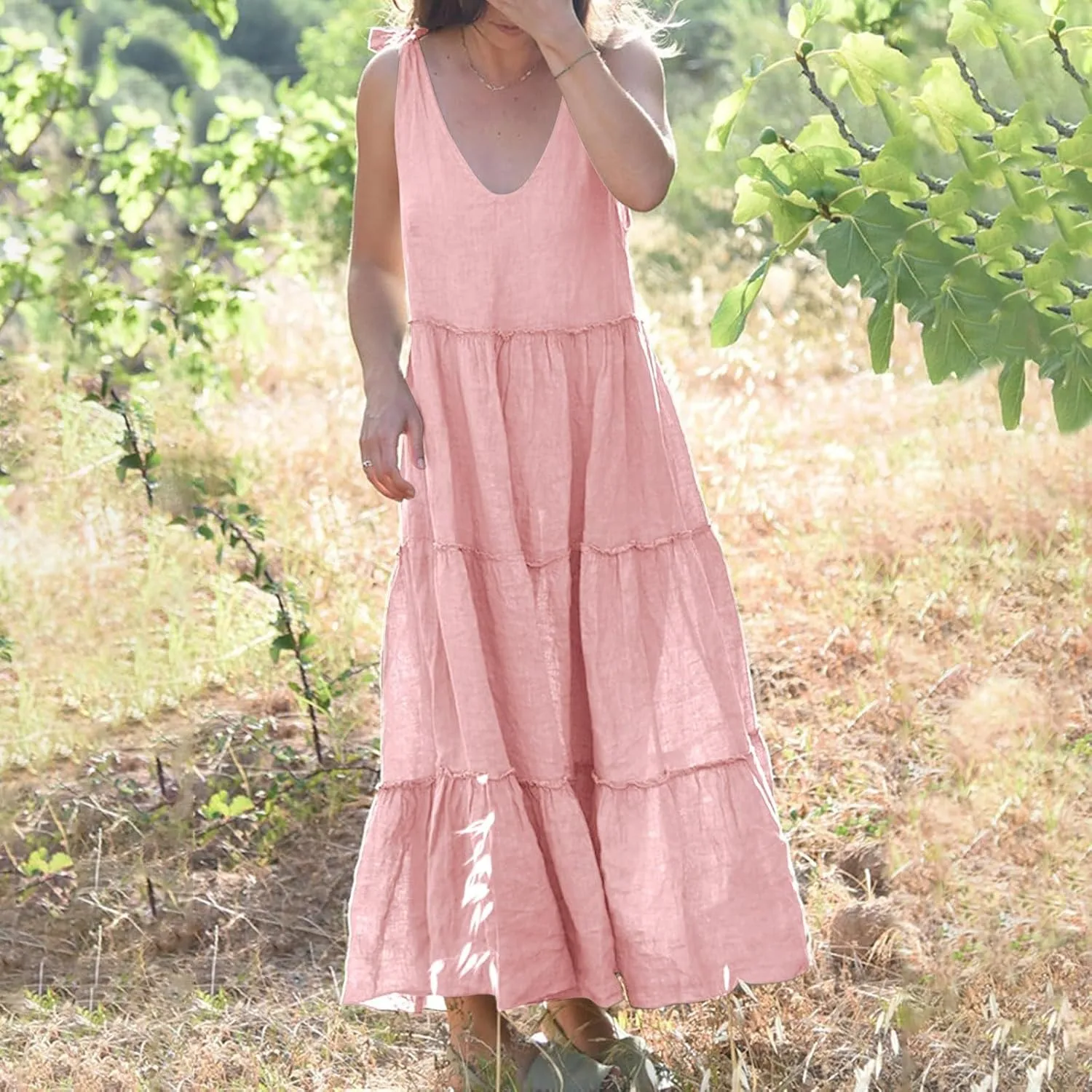 Linen Sundresses for Women 2025 Vacation Tie Shoulder V Neck Tiered Maxi Dress Flowy Summer Long Beach Sundress
